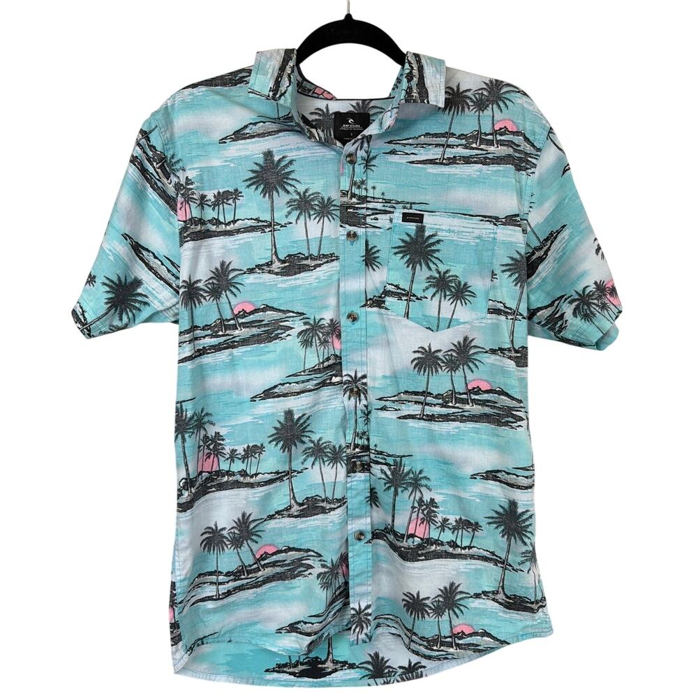 Rip Curl Blue Palm Tree Print Short Sleeve Button Up Shirt Size SMALL